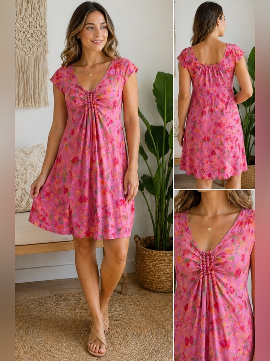 fresh produce Dresses & Skirts - Fresh Produce Pink Floral Dress Small Boho Empire Waist USA Stretch Rayon